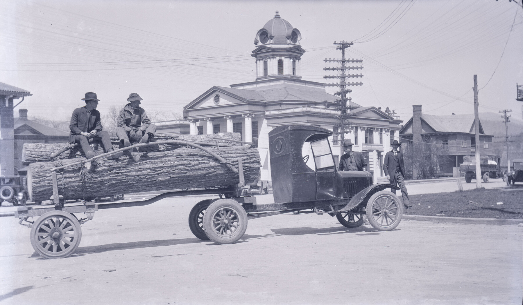 Log truck on town square in Bryson City